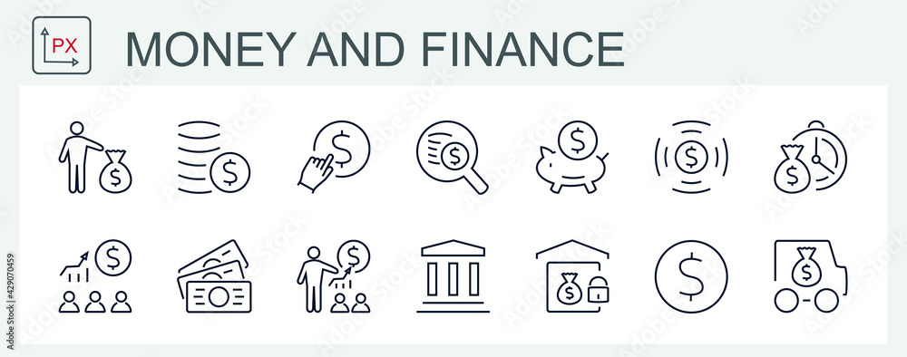 A set of vector icons for money and finance. A set of vector icons for money and finance.