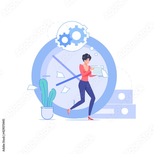 Vector cartoon flat office worker character at work big clock background.Good employee in hurry tries to meet deadline-productivity work stress situation time management web site banner concept