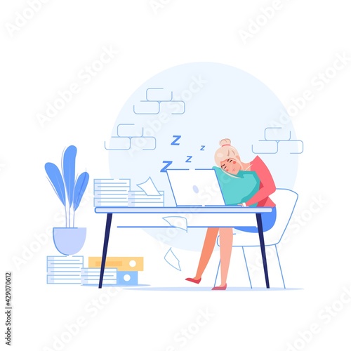 Vector cartoon flat manager office worker character procrastinating at workplace.Lazy bad employee sleeping-procrastination,work productivity,workflow organization web site banner concept