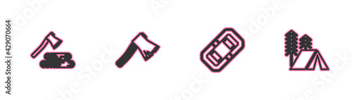Set line Wooden axe and wood, Rafting boat, Old wooden and Tourist tent icon. Vector