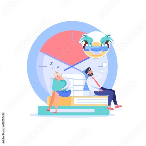 Vector cartoon flat manager office worker characters procrastinating.Bad employees sleeps,dream of vacation-procrastination,productivity,workflow organization,deadline failure web site banner concept