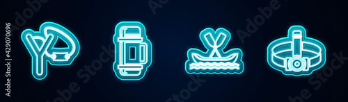 Set line Slingshot, Thermos container, Rafting boat and Head flashlight. Glowing neon icon. Vector