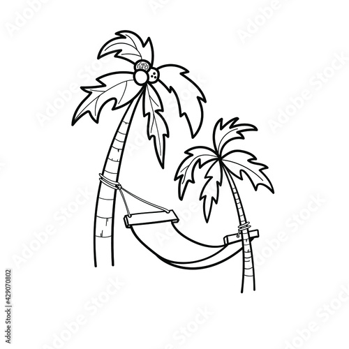 Coconut palm trees, hammock, island doodle hand drawn. Icon, logo. Sketch hand drawn isolated on white background. Vector illustration