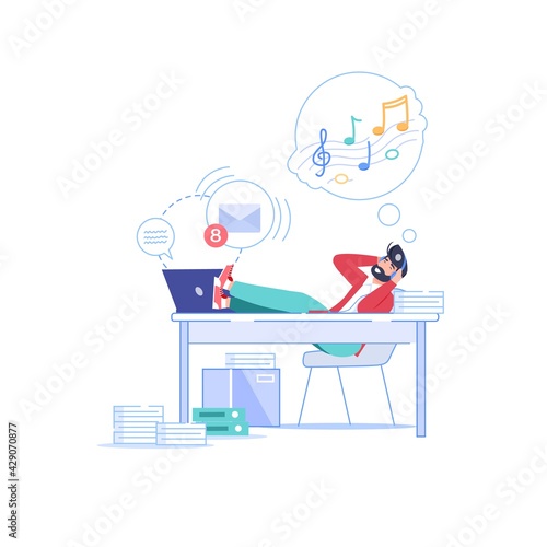 Vector cartoon flat manager office worker character procrastinating at workplace.Lazy bad employee listen to music-procrastination,work productivity,workflow organization web site banner concept