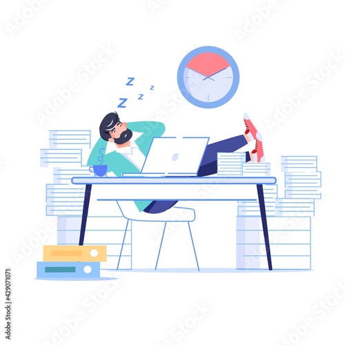 Vector cartoon flat manager office worker character procrastinating at workplace.Bad employee sleeping-procrastination,work productivity,workflow organization,deadline failure web site banner concept