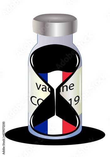 Tiempo límite para vacunar en Francia contra la Covid-19. Vial de la vacuna contra la Covid-19 con reloj de arena y la bandera de Francia