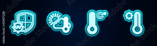 Set line UV protection, Thermometer and cloud, sun, Meteorology thermometer and . Glowing neon icon. Vector