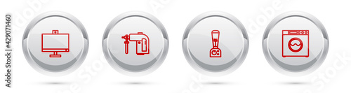 Set line Computer monitor, Rotary hammer drill machine, Blender and Washer. Silver circle button. Vector