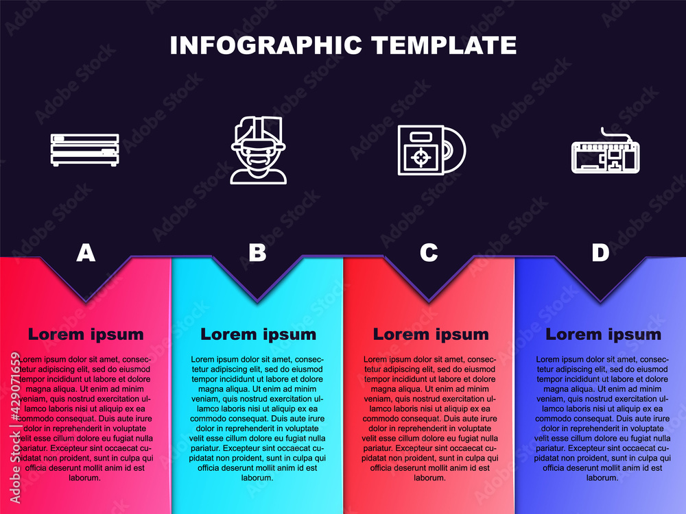 Set line Video game console, Virtual reality glasses, CD or DVD disk in box and Computer keyboard. Business infographic template. Vector Set line Video game console, Virtual reality glasses, CD or DVD disk in box and Computer keyboard. Business infographic template. Vector