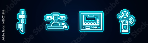 Set line Standalone sensor, Automatic irrigation sprinklers, Incubator for eggs and Smart farming technology. Glowing neon icon. Vector