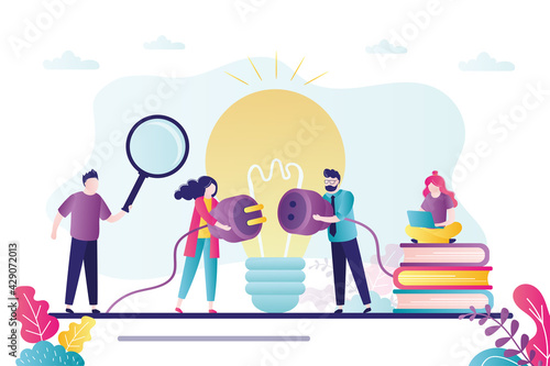 Business people connecting plug and outlet. Business connection, partnership and cooperation concept. Big light bulb on background.