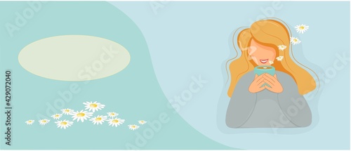 Delicate background, label for advertising herbal tea with chamomile. The blonde is drinking chamomile-scented tea. A useful warming drink. Vector illustration in pastel colors with place for text.