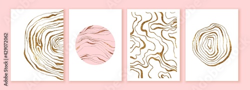 Set of cards with luxury gold marble texture, geodes, abstract landscape. Curly modern line art design. Stone crack imitation.