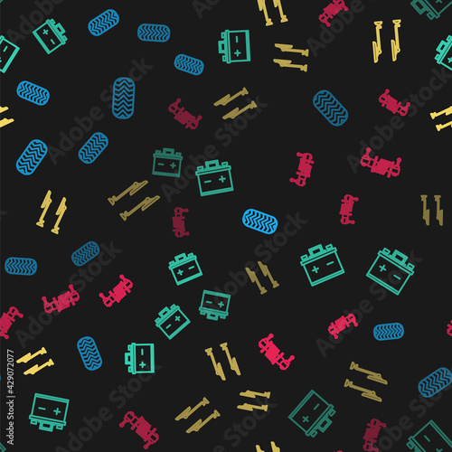 Set line Car tire, battery, Windscreen wiper and Shock absorber on seamless pattern. Vector