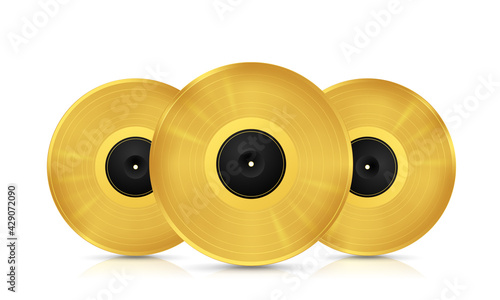 Three golden musical vinyl record. Vector image with reflection on white background