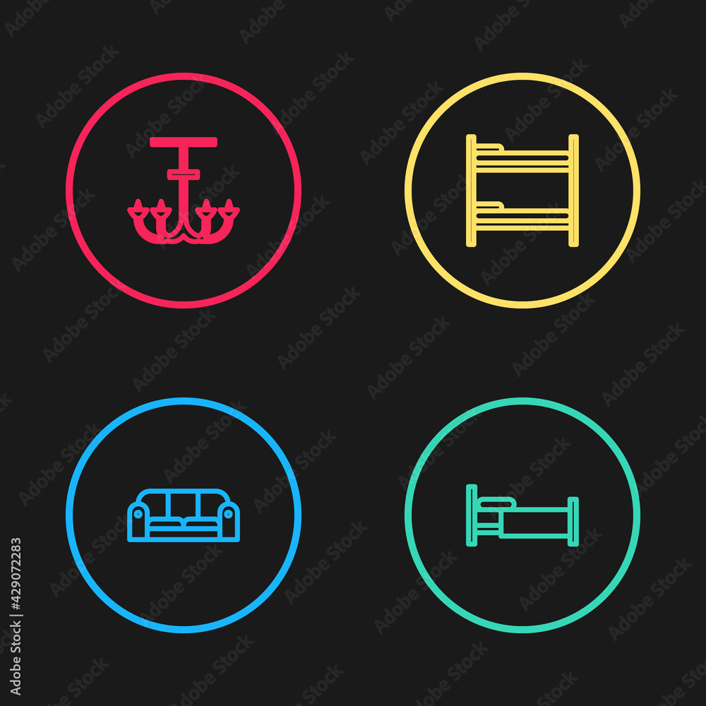 Fototapeta premium Set line Sofa, Bed, Bunk bed and Chandelier icon. Vector