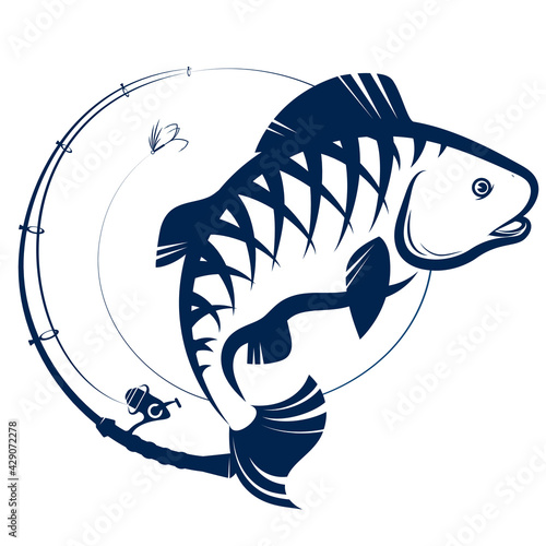 Fish jumping for bait and fishing rod silhouette for fishing