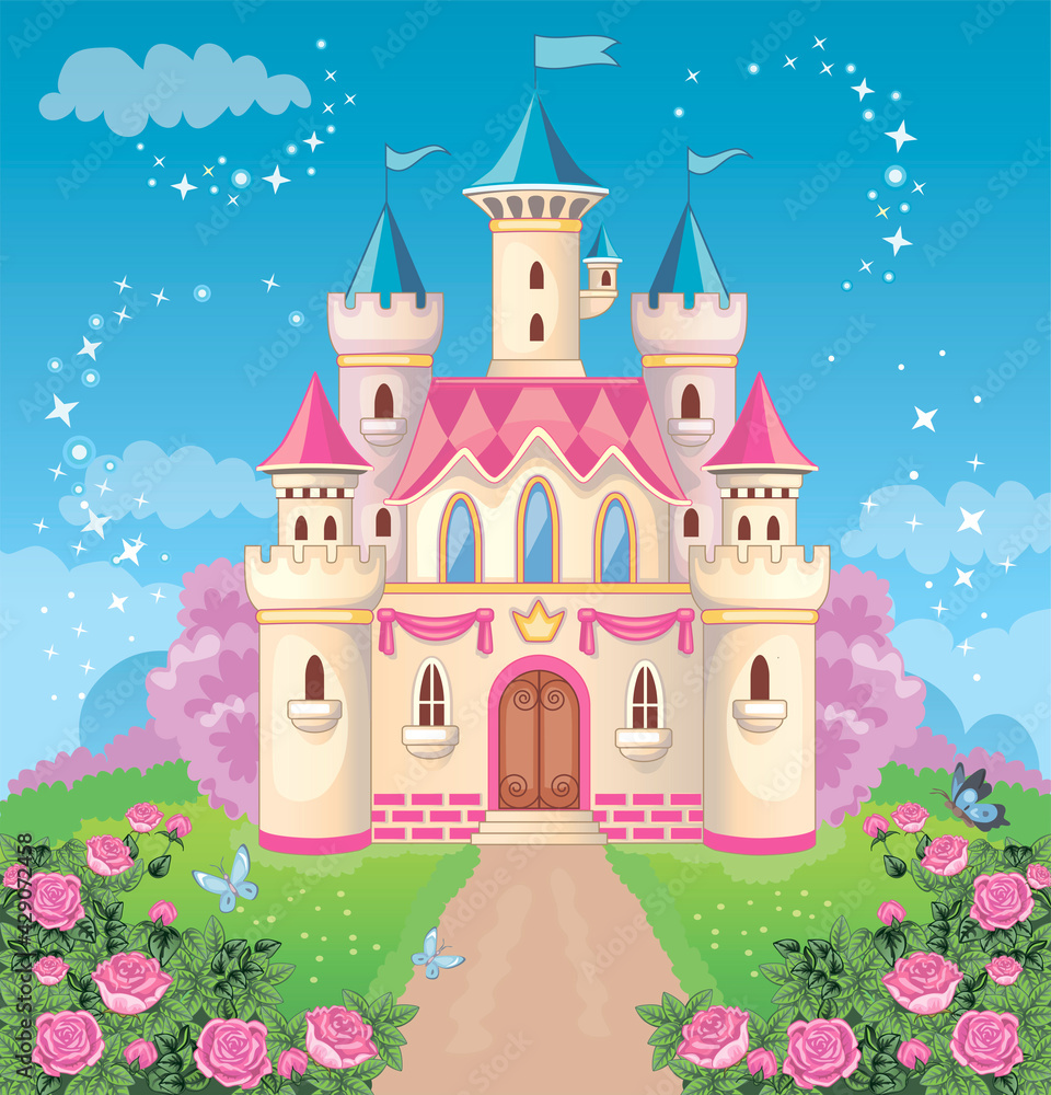 Fairy tale castle for Princess, magic kingdom. Vintage tower on a fabulous background. A toy palace for a girl. Flower meadow. Wonderland. Children's cartoon illustration. Romantic story. Vector.