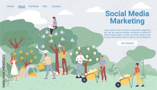 Vector cartoon flat farmer characters harvest like hand,rating star,idea lamp symbols from tree-social media marketing,management,smm creative web online landing page template design concept