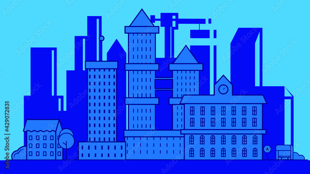 sketch of the city in blue-blue color, in the style of minimalism