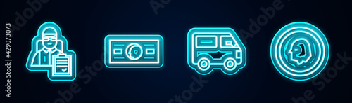 Set line Delivery man with cardboard boxes, Paper money cash, cargo truck vehicle and Coin. Glowing neon icon. Vector