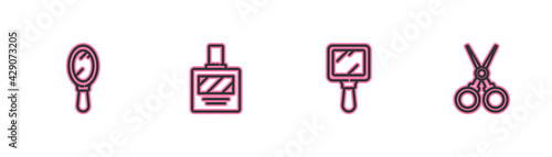 Set line Hand mirror, , Aftershave and Scissors hairdresser icon. Vector