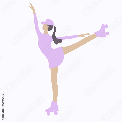 Girl on roller skates doing curly element - isolated on white background - vector. Sports entertainment on the street.