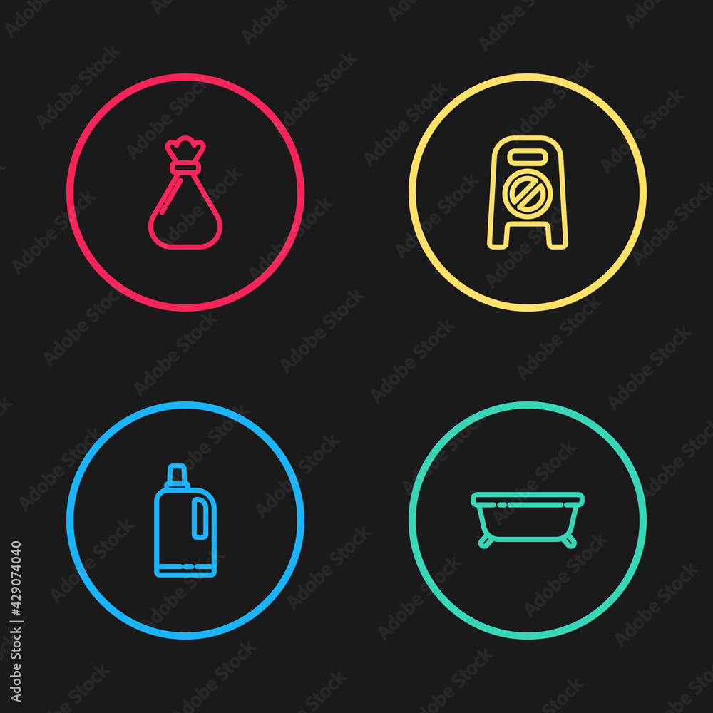 Set line Fabric softener, Bathtub, Wet floor and cleaning in progress and Garbage bag icon. Vector Set line Fabric softener, Bathtub, Wet floor and cleaning in progress and Garbage bag icon. Vector