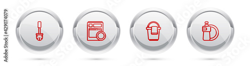 Set line Toilet brush, Kitchen dishwasher machine, Bucket with rag and Dishwashing liquid bottle and plate. Silver circle button. Vector