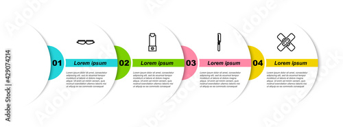 Set line Safety goggle glasses, Inhaler, Medical saw and Crossed bandage plaster. Business infographic template. Vector