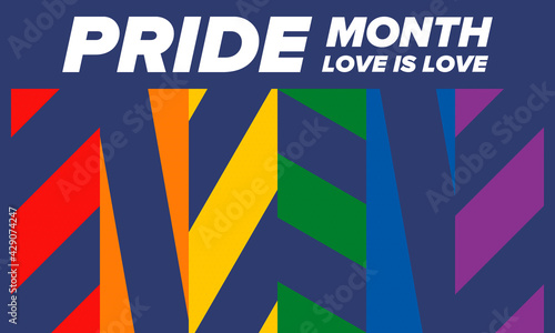 LGBTQIA Pride Month in June. Lesbian Gay Bisexual Transgender. Celebrated annual. LGBT flag. Rainbow love concept. Human rights and tolerance. Poster, card, banner and background. Vector illustration