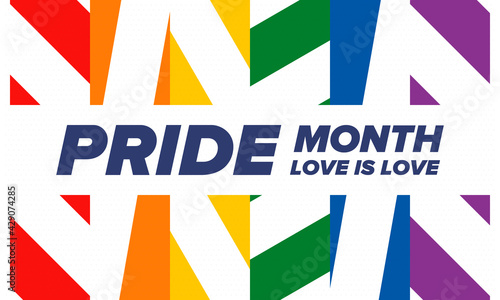 LGBTQIA Pride Month in June. Lesbian Gay Bisexual Transgender. Celebrated annual. LGBT flag. Rainbow love concept. Human rights and tolerance. Poster, card, banner and background. Vector illustration