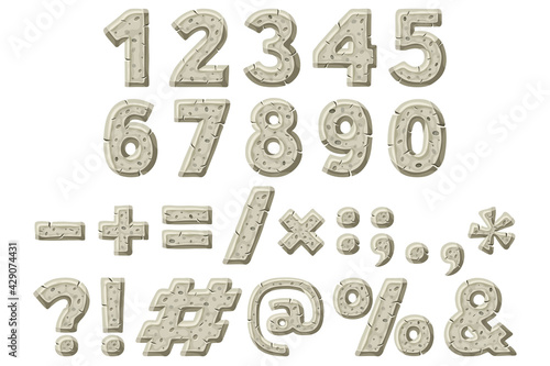 Numbers, punctuation marks. Stone age character digits isolated on white background. Cartoon old gray rock font. Vector prehistoric objects. 