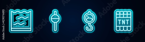 Set line Aquarium, Fishing float, Spring scale and Detonate dynamite bomb stick. Glowing neon icon. Vector