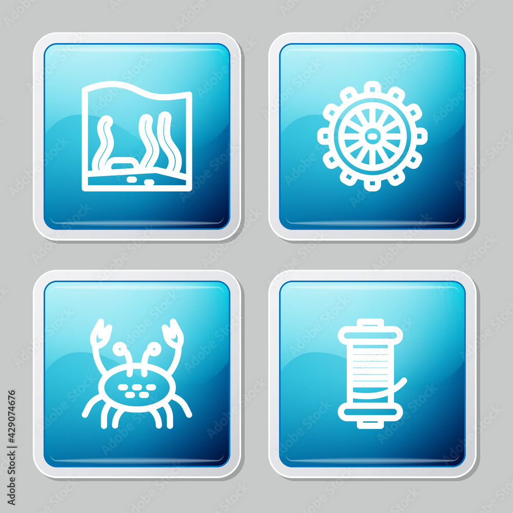 Set line Aquarium, Ship steering wheel, Crab and Spinning reel for fishing icon. Vector Set line Aquarium, Ship steering wheel, Crab and Spinning reel for fishing icon. Vector
