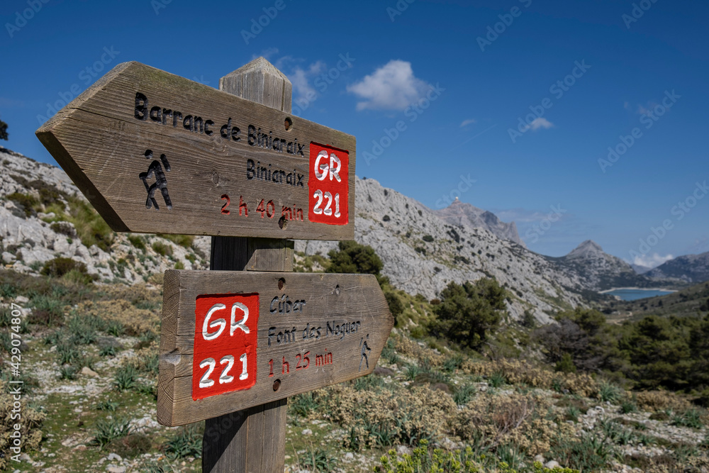 signpost, long distance route GR 221, Escorca, Mallorca, Balearic Islands, Spain signpost, long distance route GR 221, Escorca, Mallorca, Balearic Islands, Spain