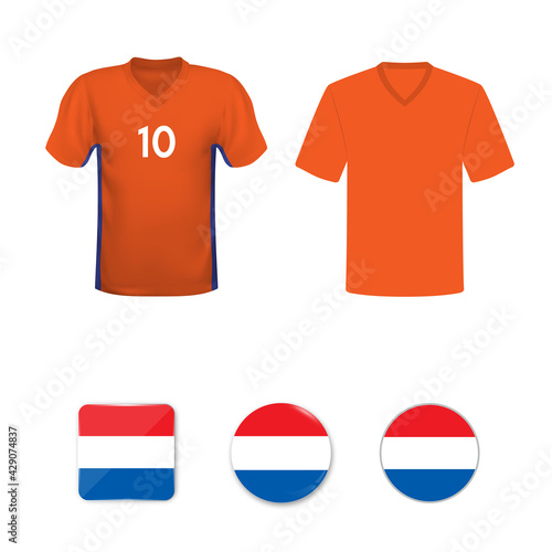 National football shirt of the Netherlands national team. Set of football T-shirts and flags of the national team of Netherlands.