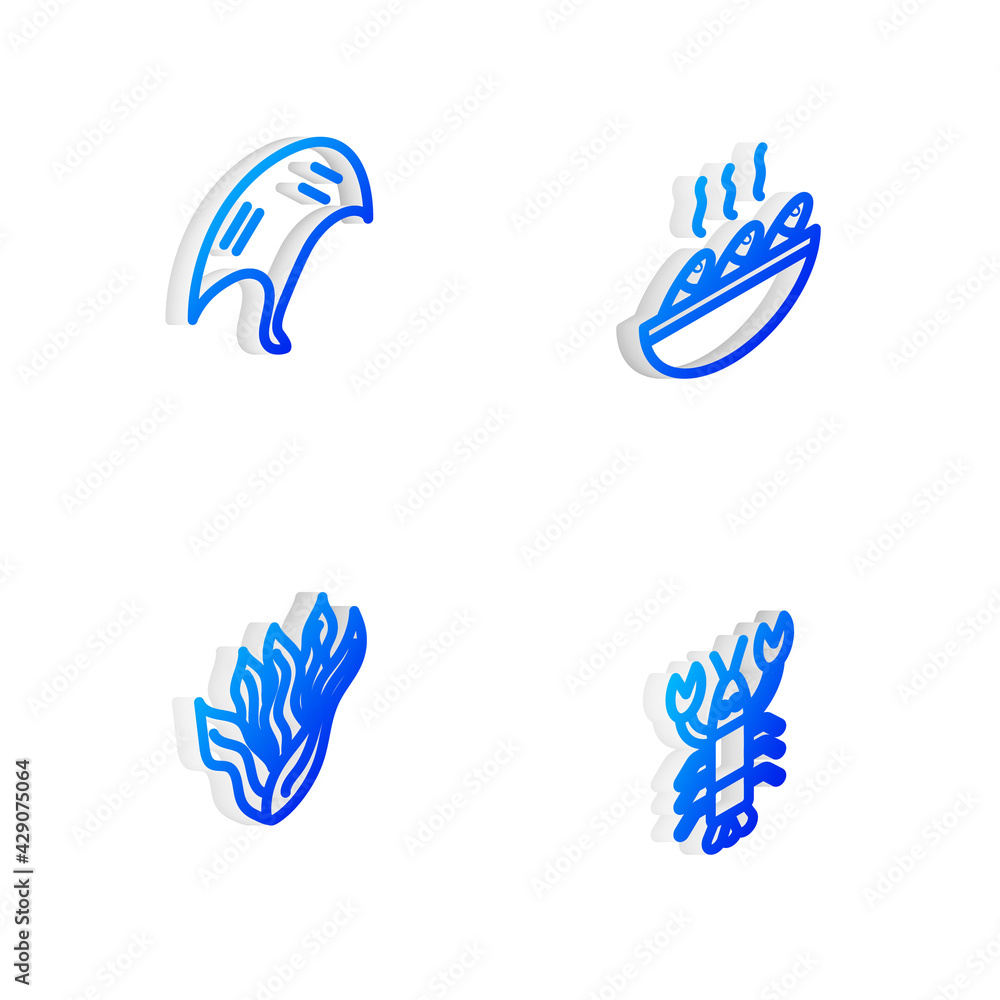 Set Isometric line Fish soup, Stingray, Seaweed and Lobster icon. Vector