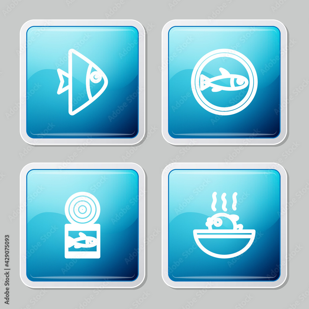 Set line Fish, Served fish on a plate, Canned and Puffer soup icon. Vector