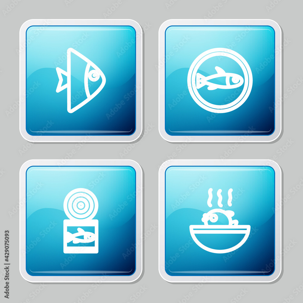 Set line Fish, Served fish on a plate, Canned and Puffer soup icon. Vector Set line Fish, Served fish on a plate, Canned and Puffer soup icon. Vector