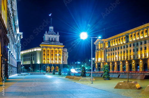 night view of the architectural ensemble of three Socialist Classicism edifices in central Sofia, the capital of Bulgaria photo