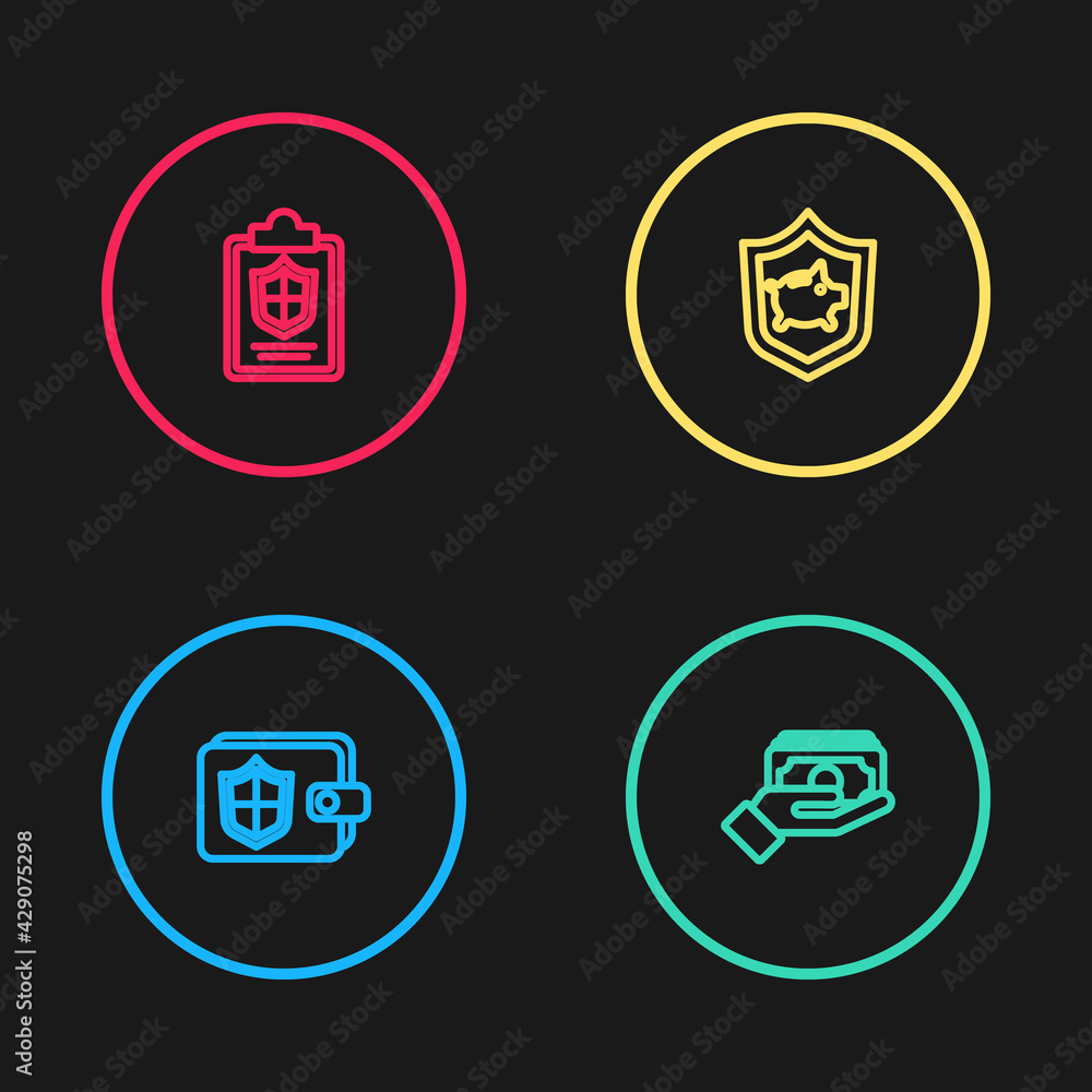 Set line Wallet with shield, Stacks paper money cash, Piggy bank and Document icon. Vector