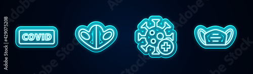 Set line Corona virus covid-19, Medical protective mask, Positive and . Glowing neon icon. Vector