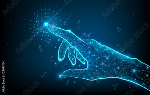 Touch the future low poly hand wireframe. Vector polygonal image in form of starry sky or space, consisting of points, lines, and shapes with destruct shapes. Futuristic concept vector illustration