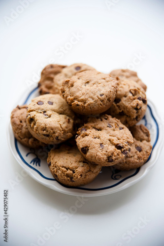 chocolate chip cookies on plate 