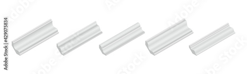 Vector illustration different shapes skirting boards for wall or floor isolated on white background. Set of realistic white baseboard icons in flat cartoon style. Isometric plastic or wood moldings.