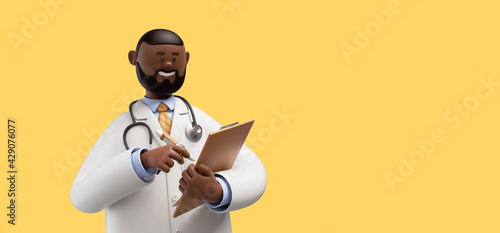 3d render. Doctor african cartoon character holds clipboard. Clip art isolated on yellow background. Professional consultation. Medical concept
