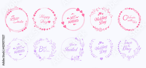 Wedding graphical art set with  laurels, wreaths, branches, flowers, and hearts in pink and violet colors © Apoloart