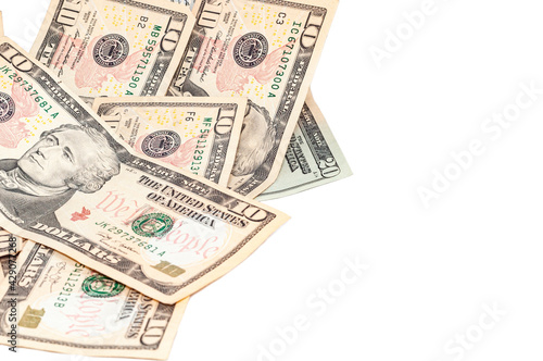 Cash payment, money close-up in denominations 20 and 10 US paper dollars isolated on white background, financial contribution