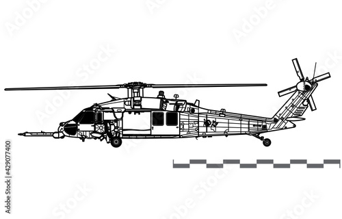 Sikorsky HH-60G Pave Hawk. Vector drawing of search and rescue helicopter. Side view. Image for illustration and infographics.